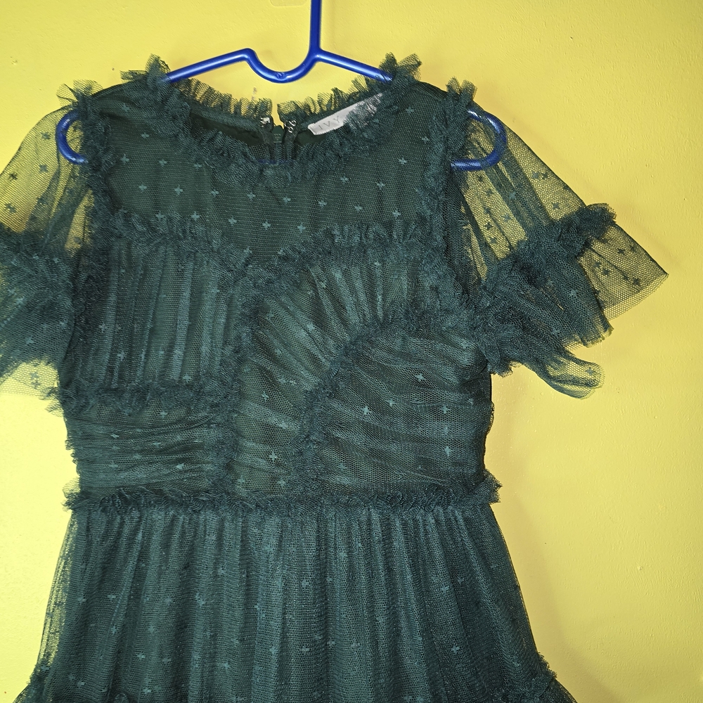 Girls Emerald Green Ruffle Tiered Tulle Dress - Picture 3 of 9